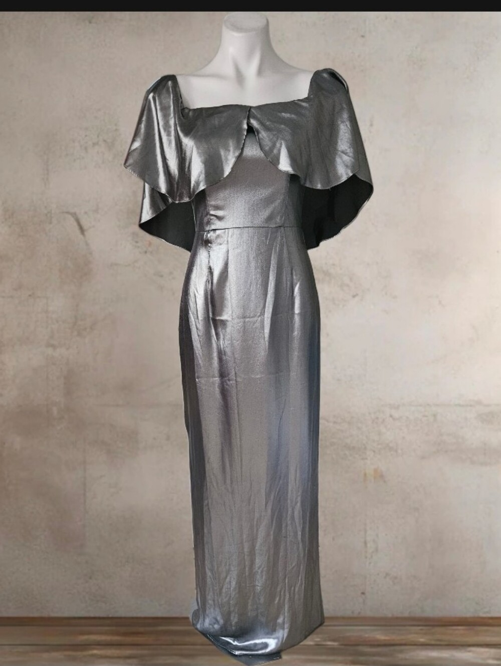 ABS Allen Schwartz Gunmetal Silver Off Shoulder Gown Size 6